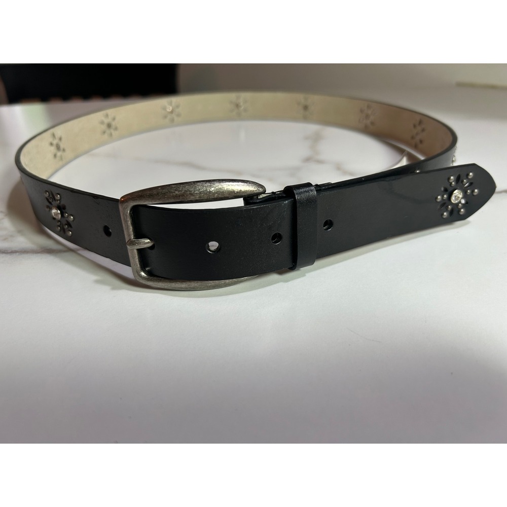 Nine West Womens Black Leather Floral Studded Rhinestone Belt Large 341648